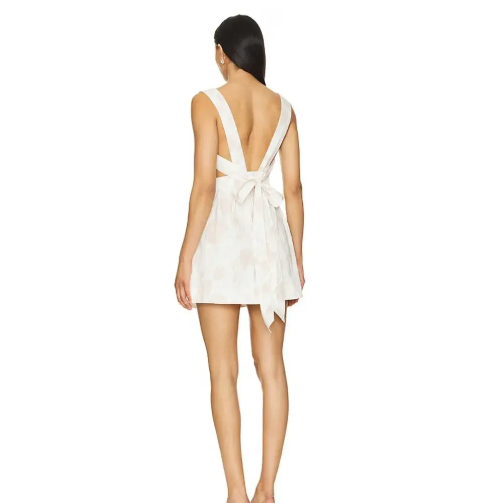 Free People Pink Beige Floral Jacquard Open Back Ruched Mini Dress NWT M